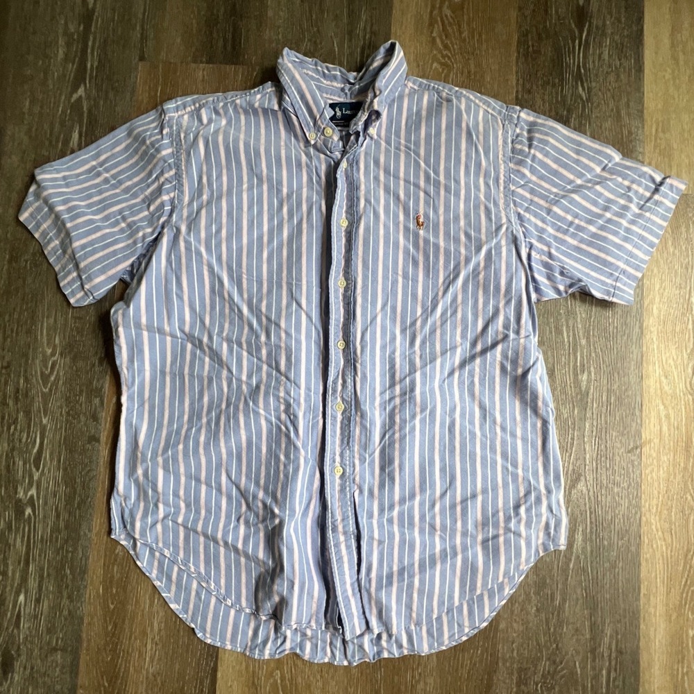 Ralph Lauren Button Down Shirt Mens XL Blue Pink Striped Short Sleeve Classic